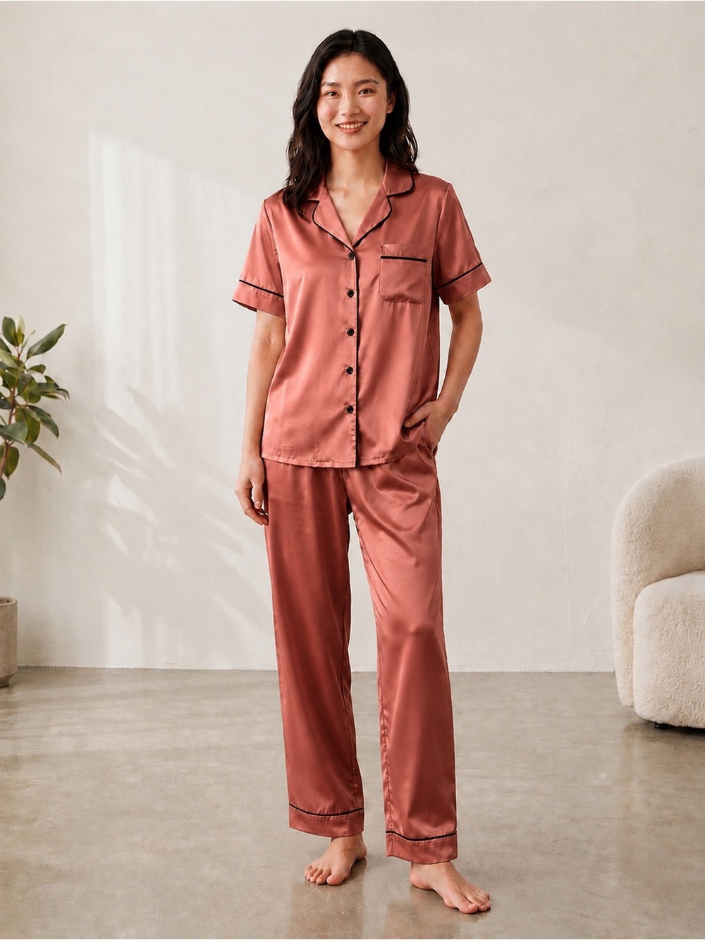 Latin Short-Sleeve Pajama Set in Rose-Brown